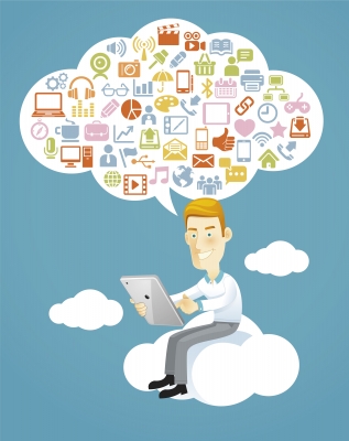 Business Man Using A Tablet Sitting On A Cloud With Social Media Stock Image
